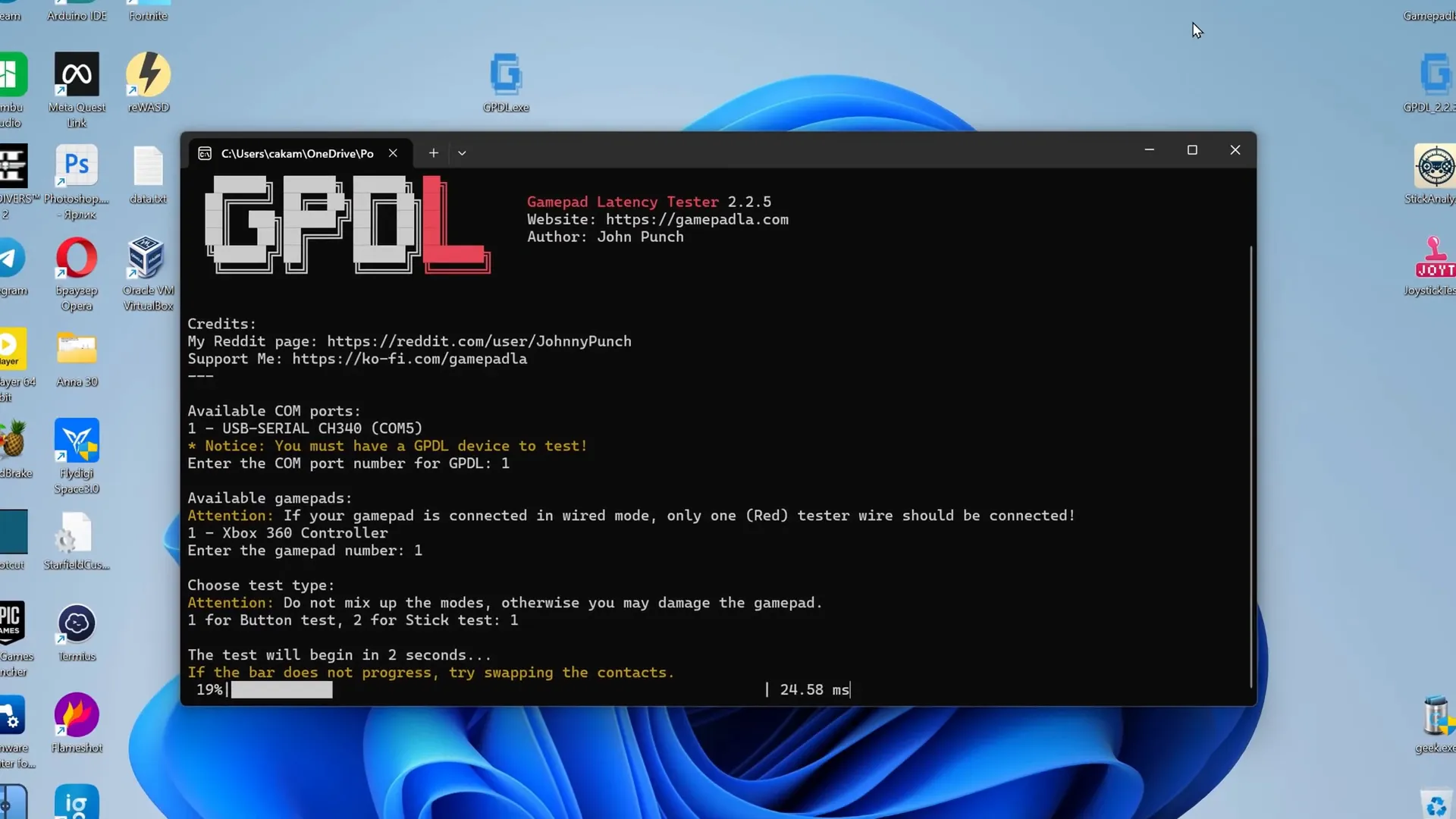 GPD tester connected to gamepad for latency testing.